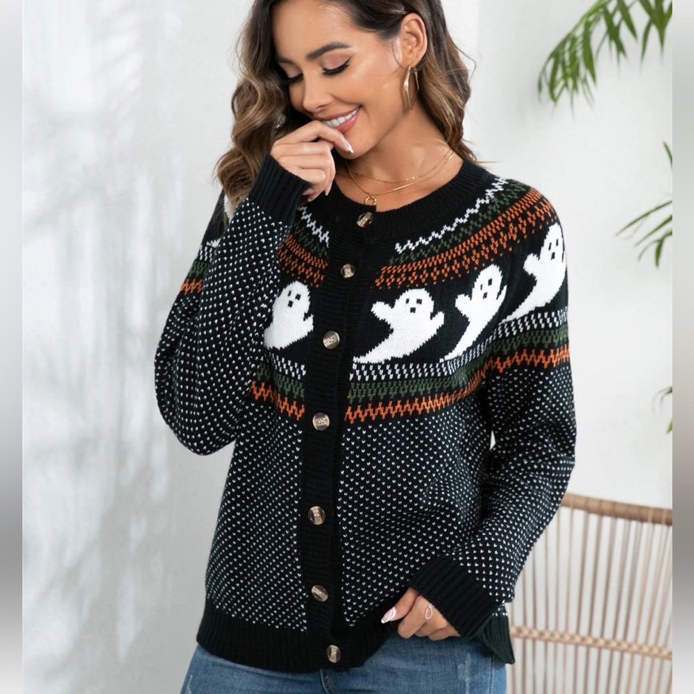 NWT Luna Ivy Orange Black White Vintage Ghost Pattern Womens Cardigan size small